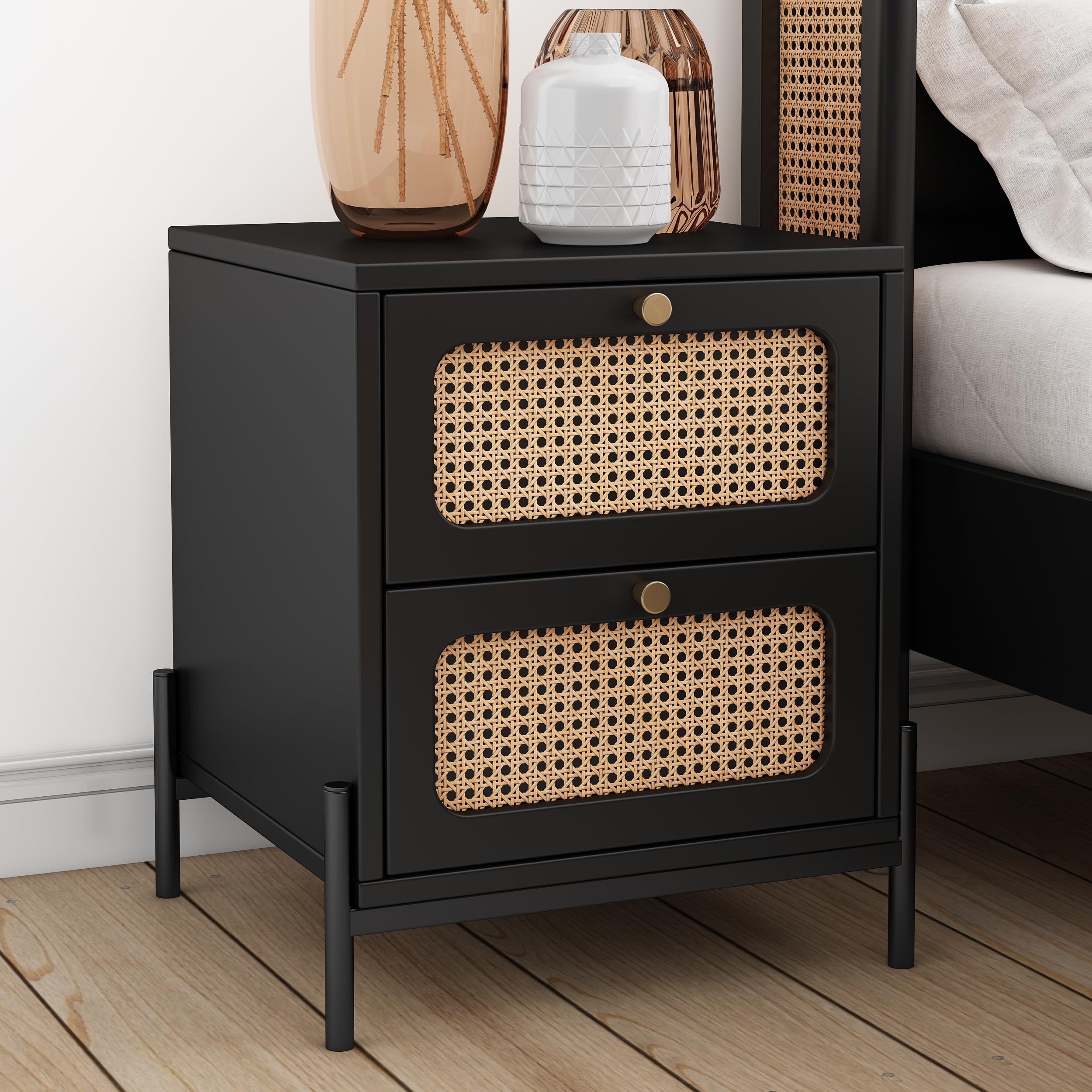 2 Drawer Dresser for Bedroom Rattan & Wood Dresser Cabinet Bedside Table Nightstand for bedroom