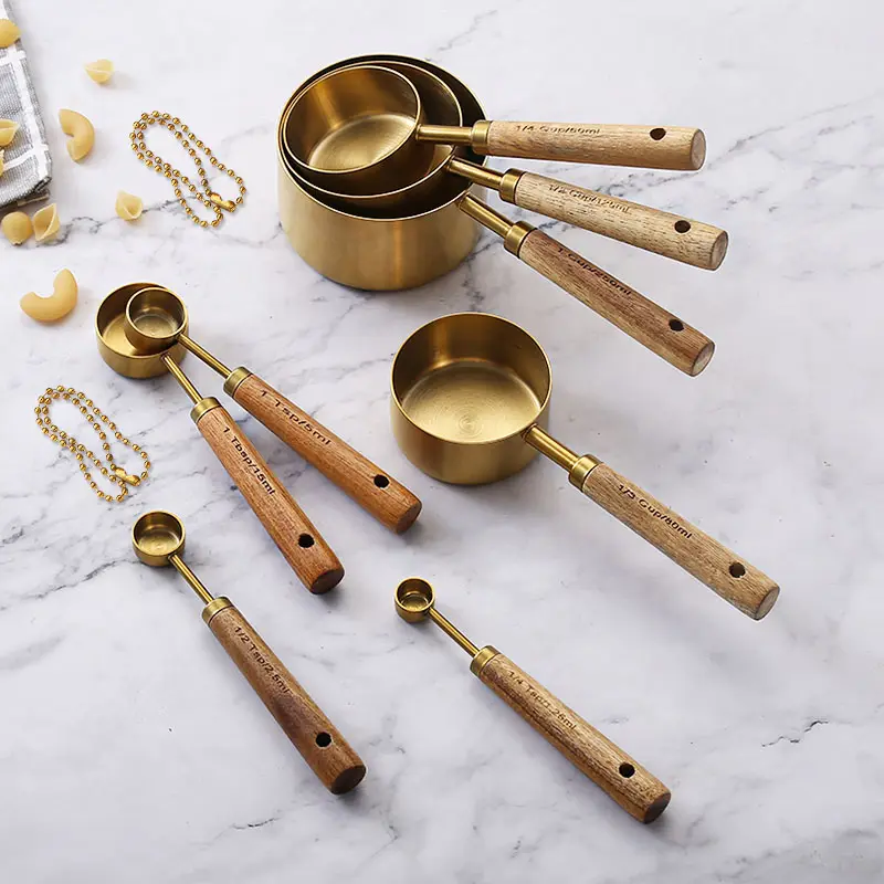 Measuring Cups And Spoons Set Stainless Steel Set Of 8 Stackable Teaspoon Tablespoon Cup Wood Handle Gold Measuring Tools