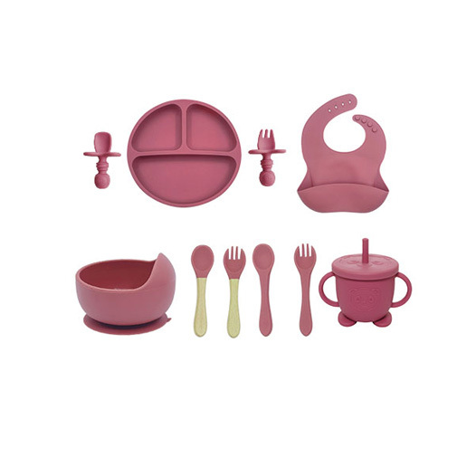 Baby Weaning set 10 pcs BPA free silicone Baby dining set Spoon Bowl Plate Bib Kit Classic Kids Dining Silicone Baby Feeding Set