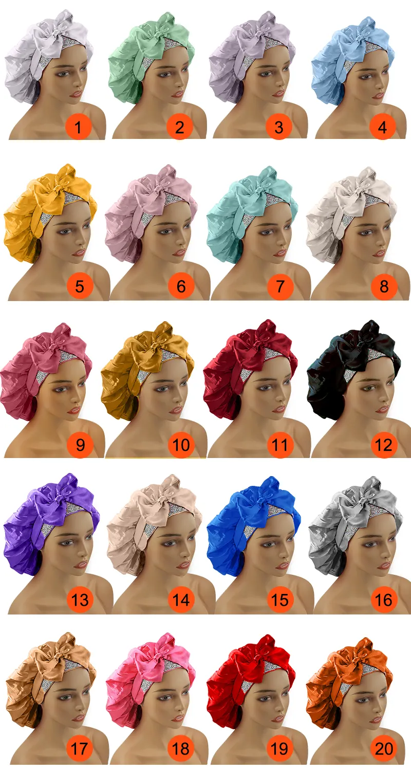 Hair Bonnet Wholesale Custom Logo Satin Adjustable Tie Band Long Double Layer Rhinestone Bling Sleep Wrap Hair Satin Bonnet