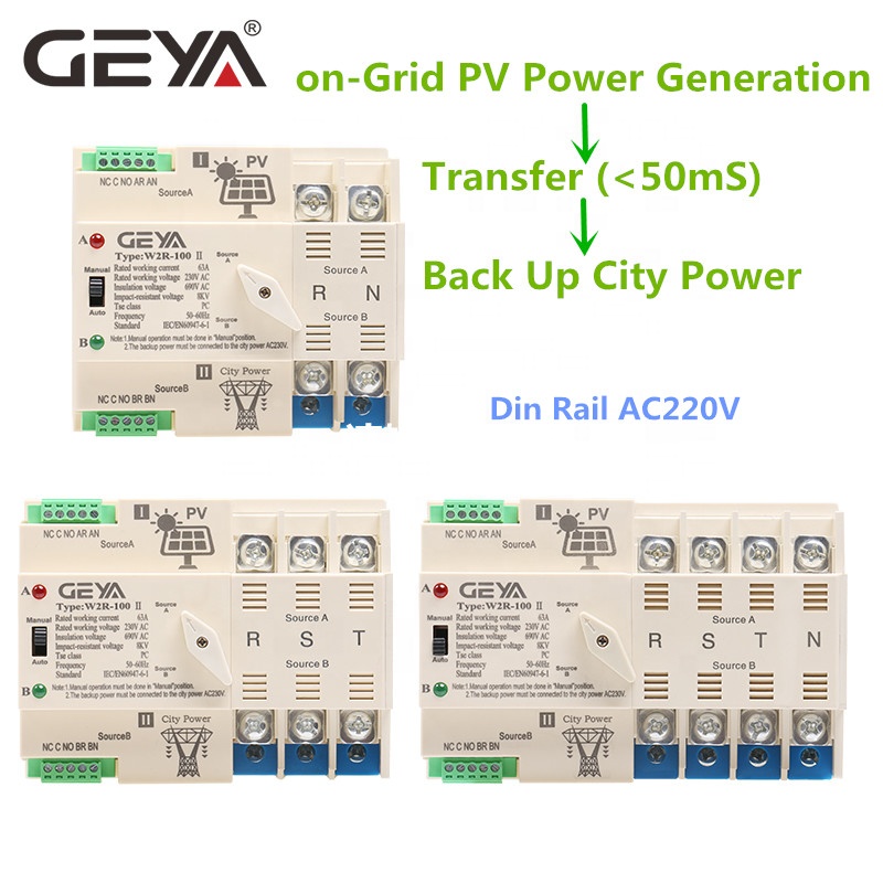 NEW GEYA Din Rail Automatic Transfer Switch for Solar Power 3P 63A AC220V MINI ATS PV System Power to City Power