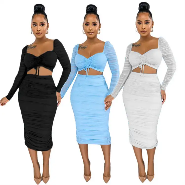 2021 women long sleeves mesh top with ruffle skirt ladies 3colors sexy two piece skirt set