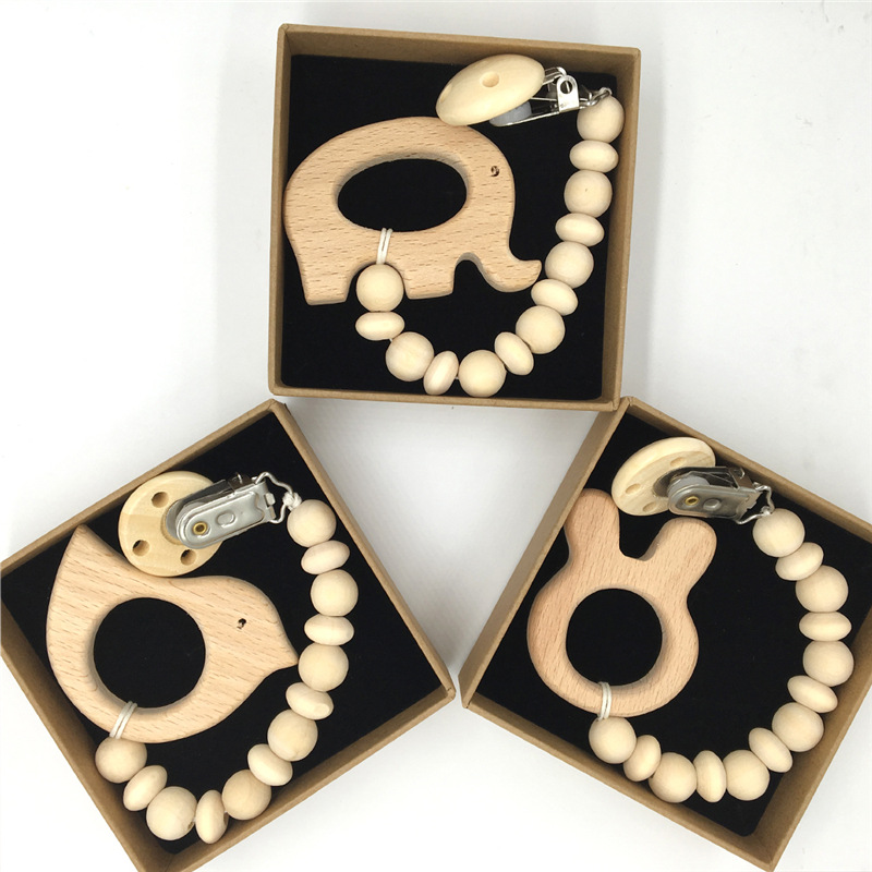 Cartoon beech animal stroller pacifier molar chain binky clip baby rattle with wood and silicone beads for birth gifts