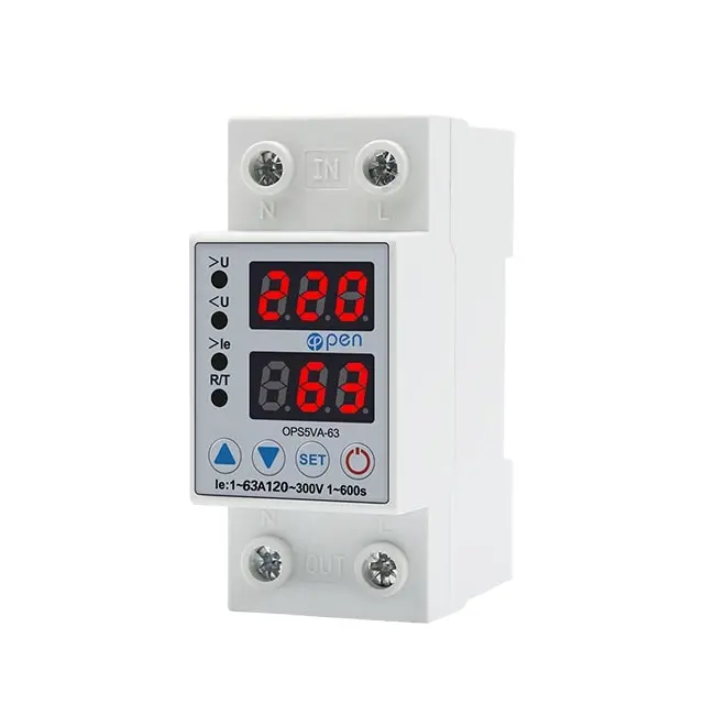 63A 230V AC Din rail adjustable over voltage and under voltage protector protective device relay with over current protection