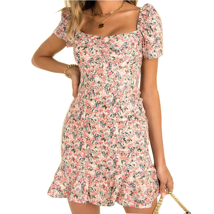 2021 summer temperament printed square neck slim short ruffle dress in stock