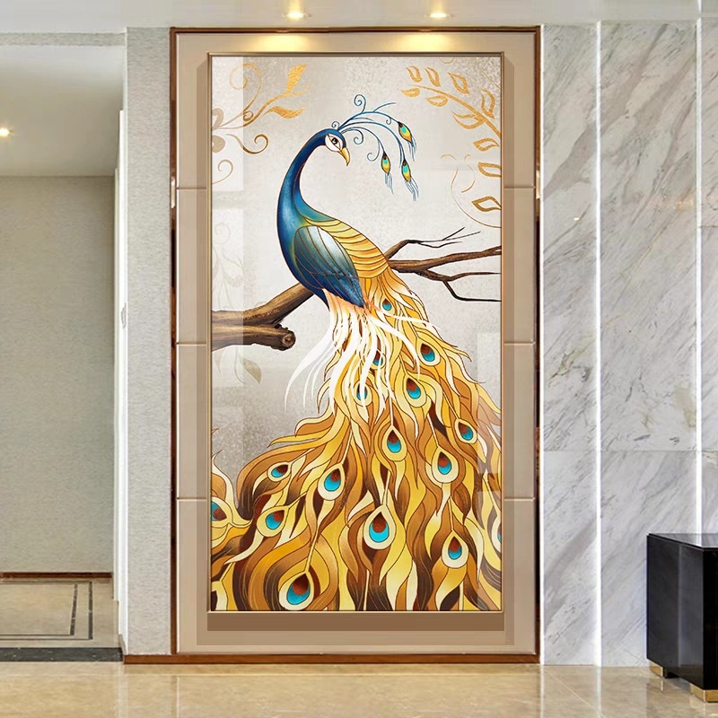 Home Decoration Large Designs Gold Peacock Bird Crystal Glass Painting Art