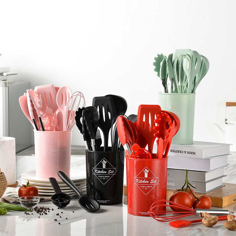 11pcs Non-stick Wood Handle Cookware Silicone Cooking Utensils Set Spatula Wooden Spoons Tongs Gadgets Tool Set With Holder