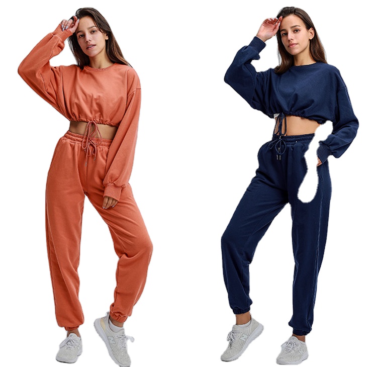 wholesale crewneck women's hoodies & sweatshirts crop top 2 piece set sweat pants custom female tracksuit