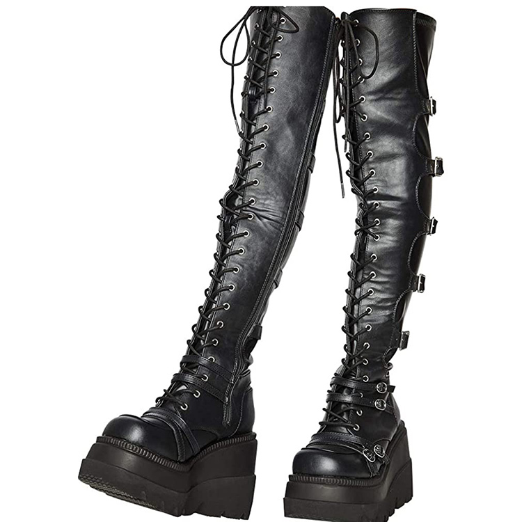 Custom made women's winter black platform boots knee high