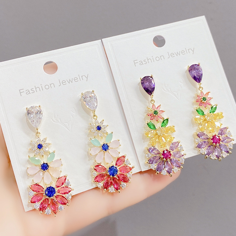 ED63263 Fashion luxury gold plated women jewelry colorful zircon flower drop earring