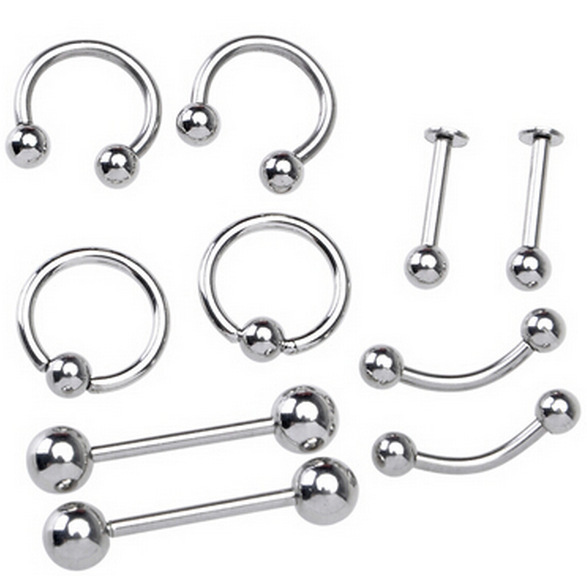 Premium Set of 10 Stainless Steel Piercing Jewelry for Lip, Eyebrow, Nipple and Genital Piercing