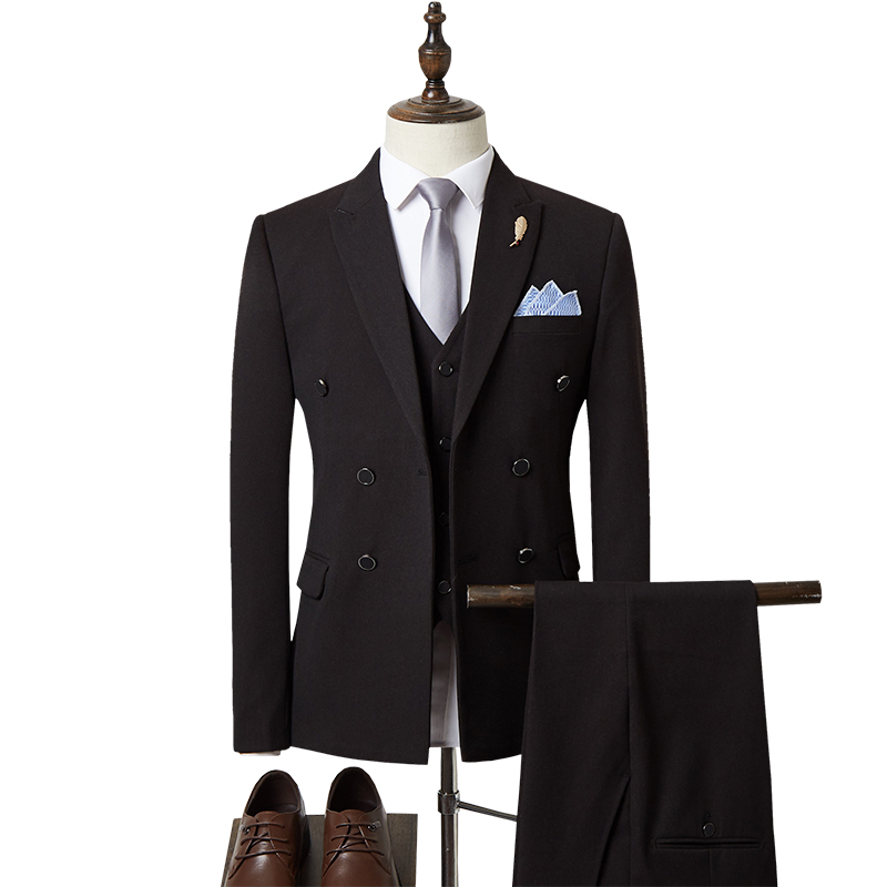 Men's 3 Pieces Suit Elegant Solid Color Two Button Slim Fit Double Breasted Formal Wedding Party Blazer Vest Pants Set