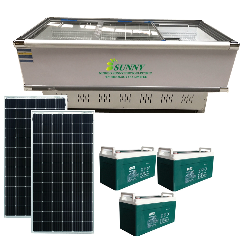 4usunny OEM производитель 24V DC супермаркет FRIDE 500L для 1000L стеклянные двери Остров дисплей Солнечный морозильники