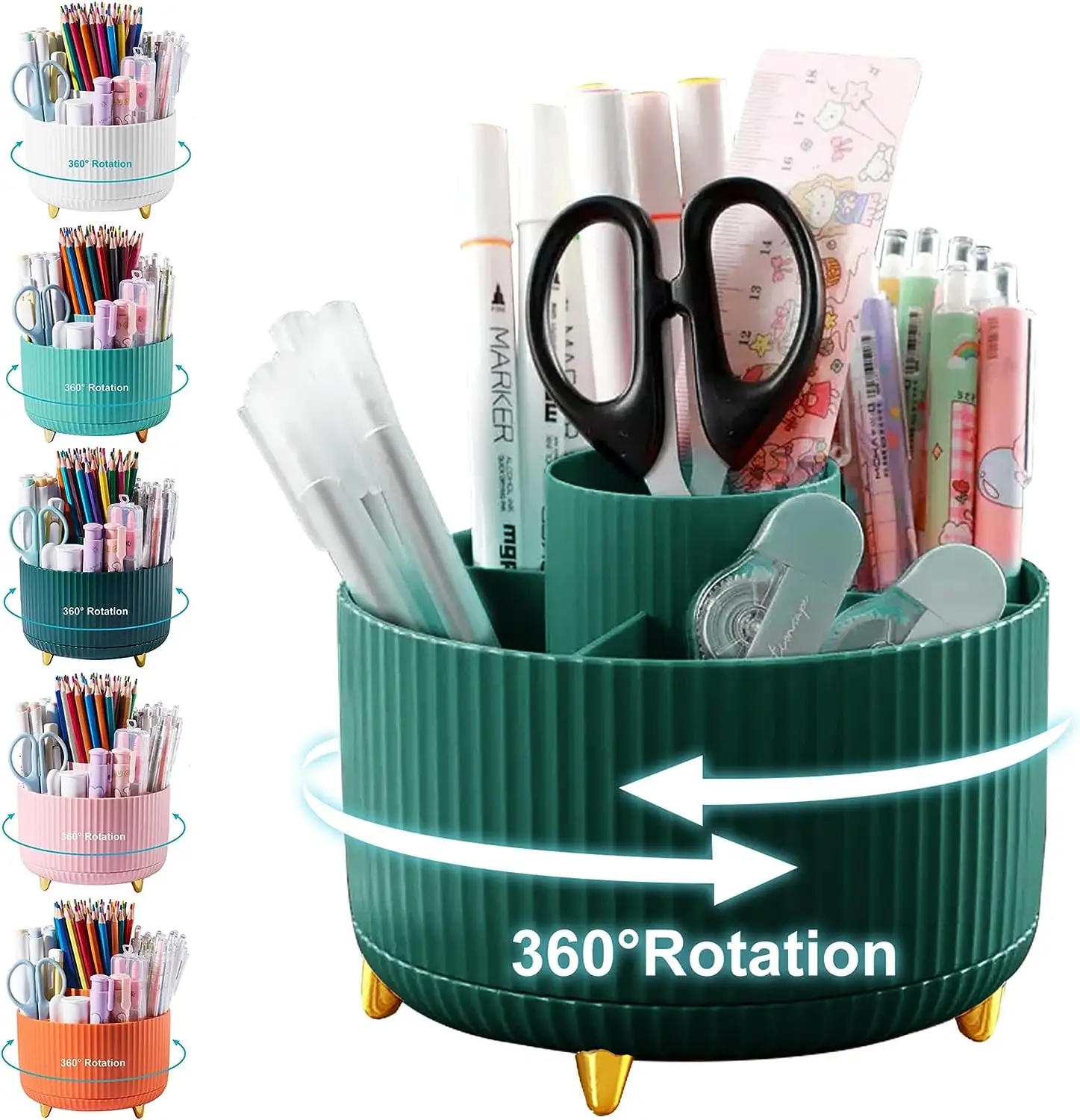 Office Accessories 5 Slots 360 Degree Rotating Pink Plastic Desk Organizers, Cute Pen Cup Pot for Office School