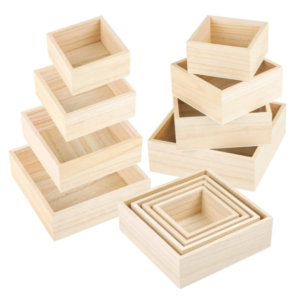 8 Unfinished Square Wooden Boxes in 4 Sizes for Crafts & Home Table Decoration Fabric Material for Jewelry Storage