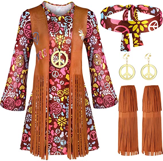 Women Hippie Costume Set Peace Sign Earring Necklace Headband Dress Ankle Socks halloween costumes for women