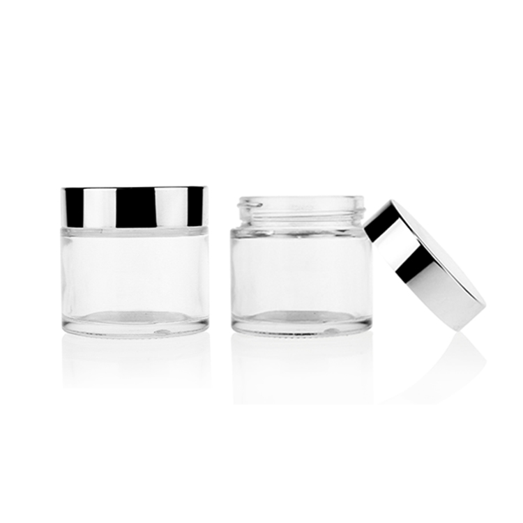 In Stock Round Shape Skincare Packaging Clear Transparent Cosmetic Empty Glass Facial Cream Jar with Silver Screw Lid