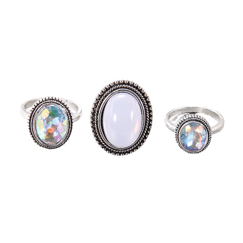 3pcs/set Vintage Colorful Stone Metallic Chain Trendy Geometry Hit Rings Set for Women Girls Jewelry