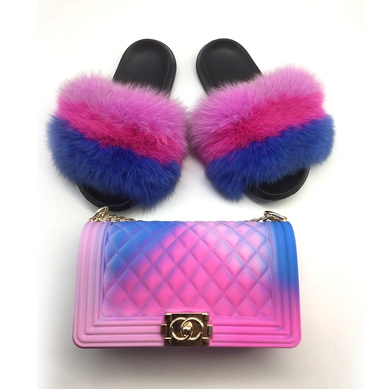 unicorn candy purse slides Wholesale jelly bag fur designer slides Soft Sandals soft fur slide slippers for women