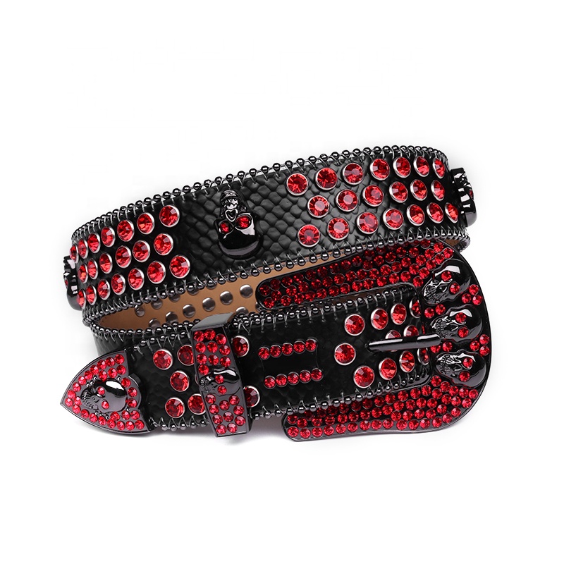 Sundo New Western Luxurious Black PU Croc Leather Diamond Studded Leather Belts Party Skull Bling Men Rhinestones Belt