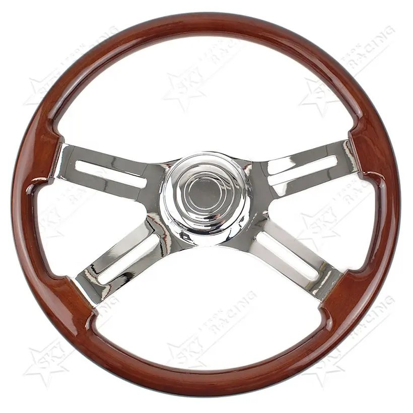 18" 18 Inch 450mm 3 Bolt Straight Chrome 4 Spokes Car Solid Wood Steering Wheel 18inch Classic Wooden Truck Steering Wheel