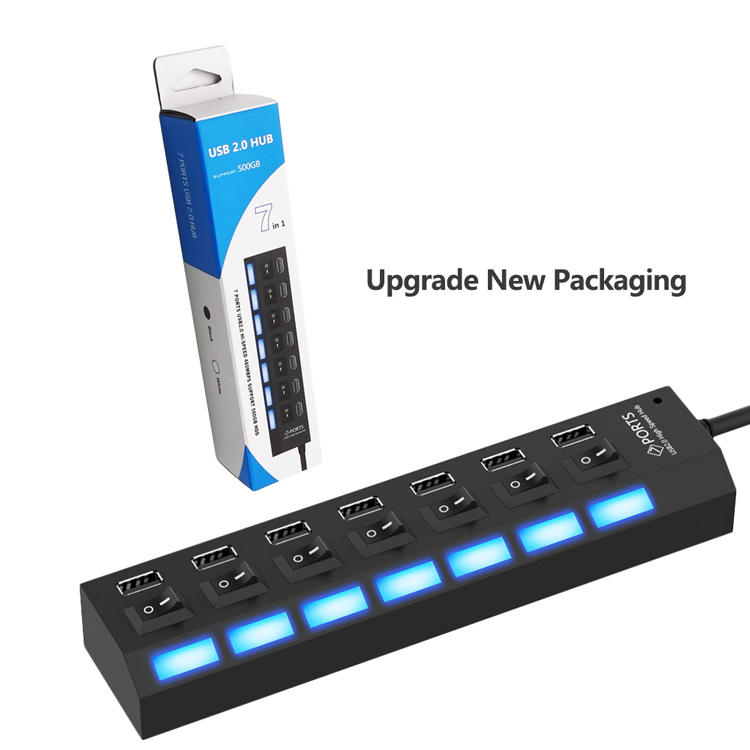 Обновленная новая упаковка, многопортовый usb-концентратор 2,0, адаптер, Высокоскоростной 7-портовый концентратор USB с переключателем вкл/выкл, портативный usb-разветвитель