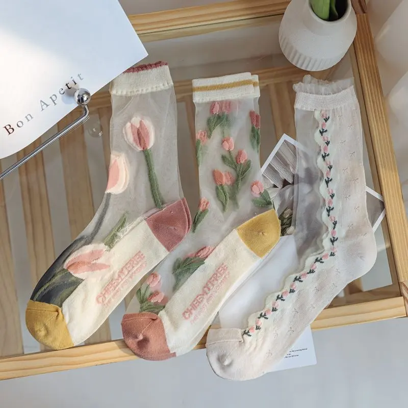 Wholesale Summer Women Tulip Flower Design Thin Nylon Crystal Sheer Socks Transparent Socks