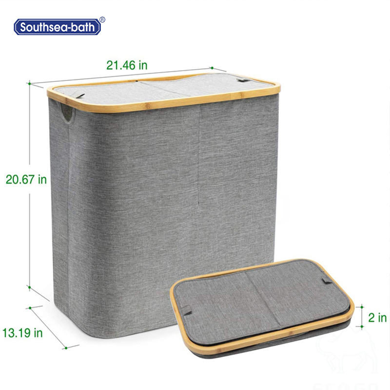 Large capacity custom collaspsible foldable bamboo storage laundry basket shelf with lid and handles for dirty clothes bathroom