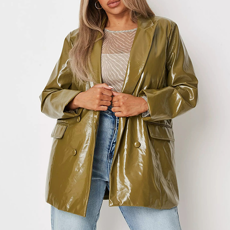 Wholesale Custom 2021 Vintage Design Olive Soft Faux Leather Long Sleeve Oversize Blazer For Women