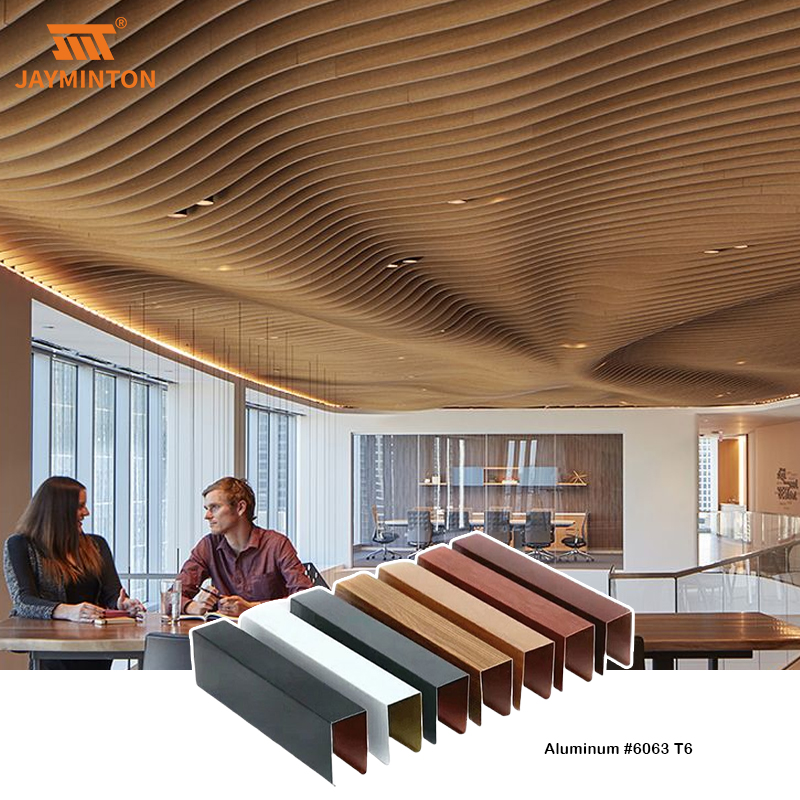 Interior Decorative Modern Design Metal Strip Suspended Wood Grain Art Aluminum Stretch Baffle Ceiling For Coffee Shop