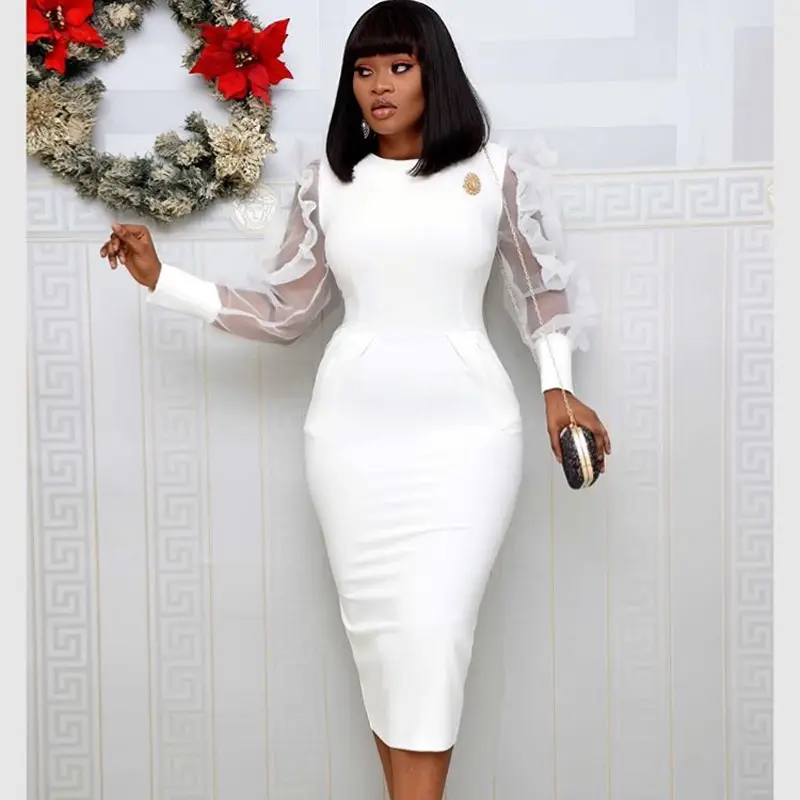 Elegant White Mesh Long Sleeve Office African Career Dress Lady