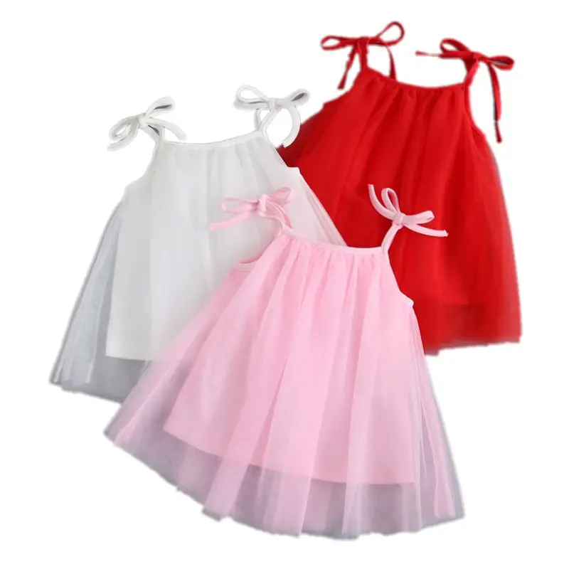 baby dresses Korean summer knit solid bow braces skirt white red pink plain lace elegance soft 0-3 years baby girl dresses