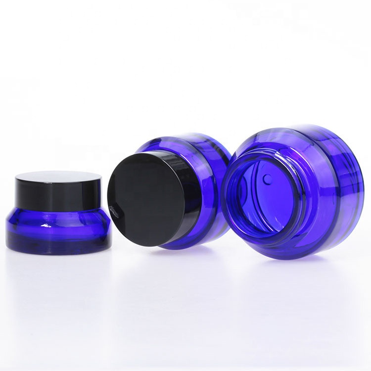 Low Cost Empty Face Eye Cream Jar 15g 30g 50g Frosted Cosmetic Cream Glass Jar With Blue Lid