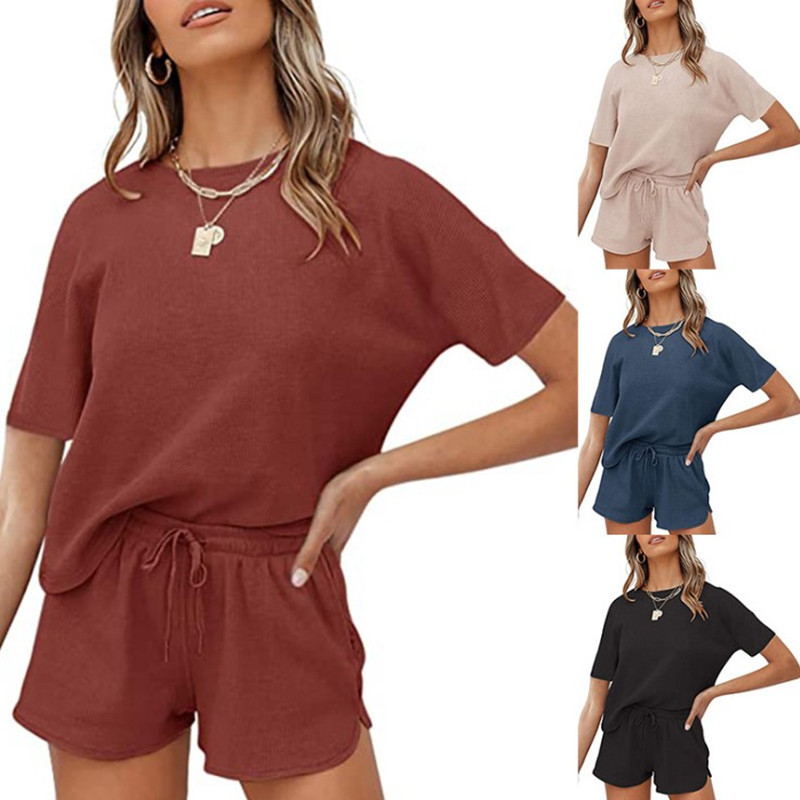 Women Short Sleeve Waffle Pajama Sets Loungewear Top and Shorts 2 Piece Tracksuit Outfits
