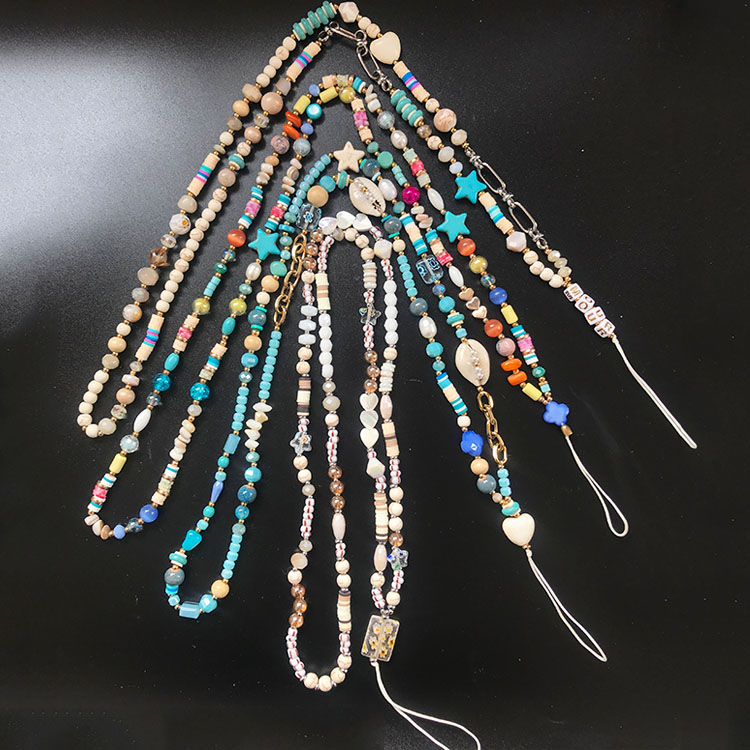 Qushine Custom Handmade Turquoise Crystal Beads Shell Necklace Phone Case Strap Long Star Bag Purse Chain