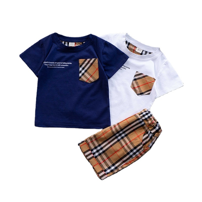Summer Kid Boys Clothes Solid Colors T-Shirts+ Plaid Shorts 2PCS Baby Boys Gentleman Suit Kid Clothes Set