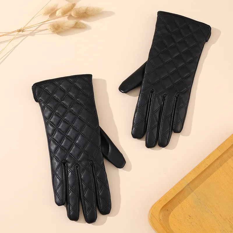 Winter warm black fashion plaid men's PU touch screen leather gloves