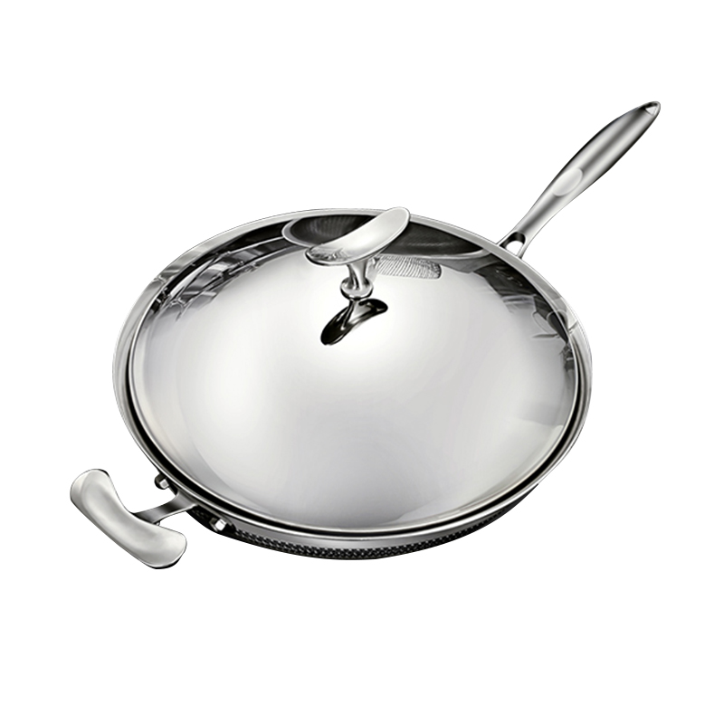 Hot Selling 30CM Transparent Honey Comb Stainless Steel Frying Wok Nonstick with Lids Cover Metal Glass Tempered