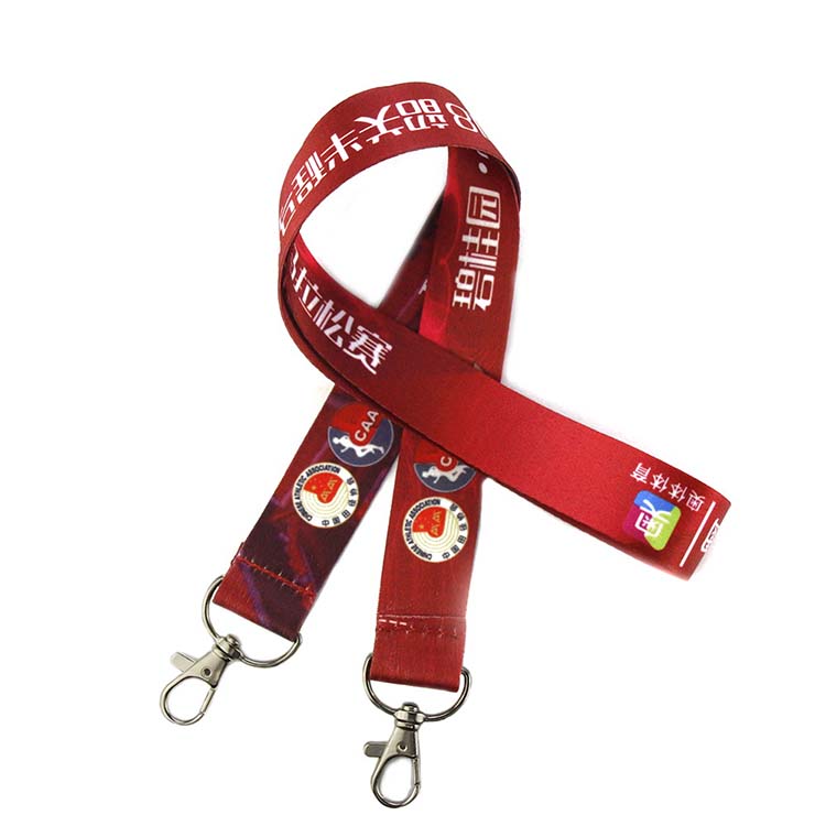 Wholesale Cell Phone Lanyard Holder Necklace Free Design Heat Transfer Two Metal Clips Plain Red Polyester Lanyard With J-Hook