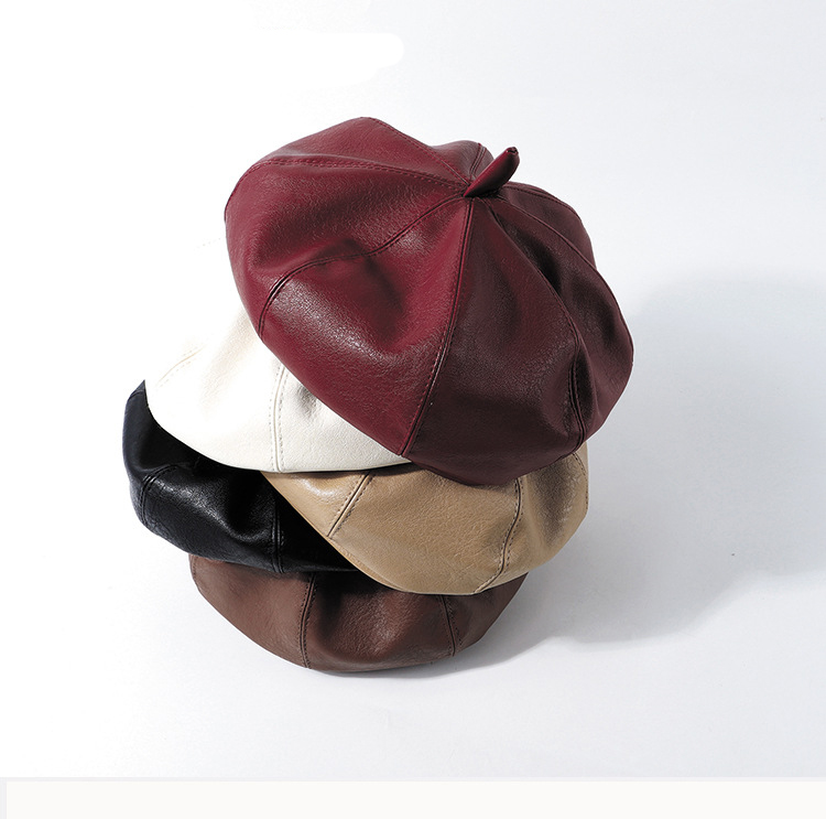 Classic French Solid Color PU Leather Beret Hat for Women Adjustable Artist Painter Cap
