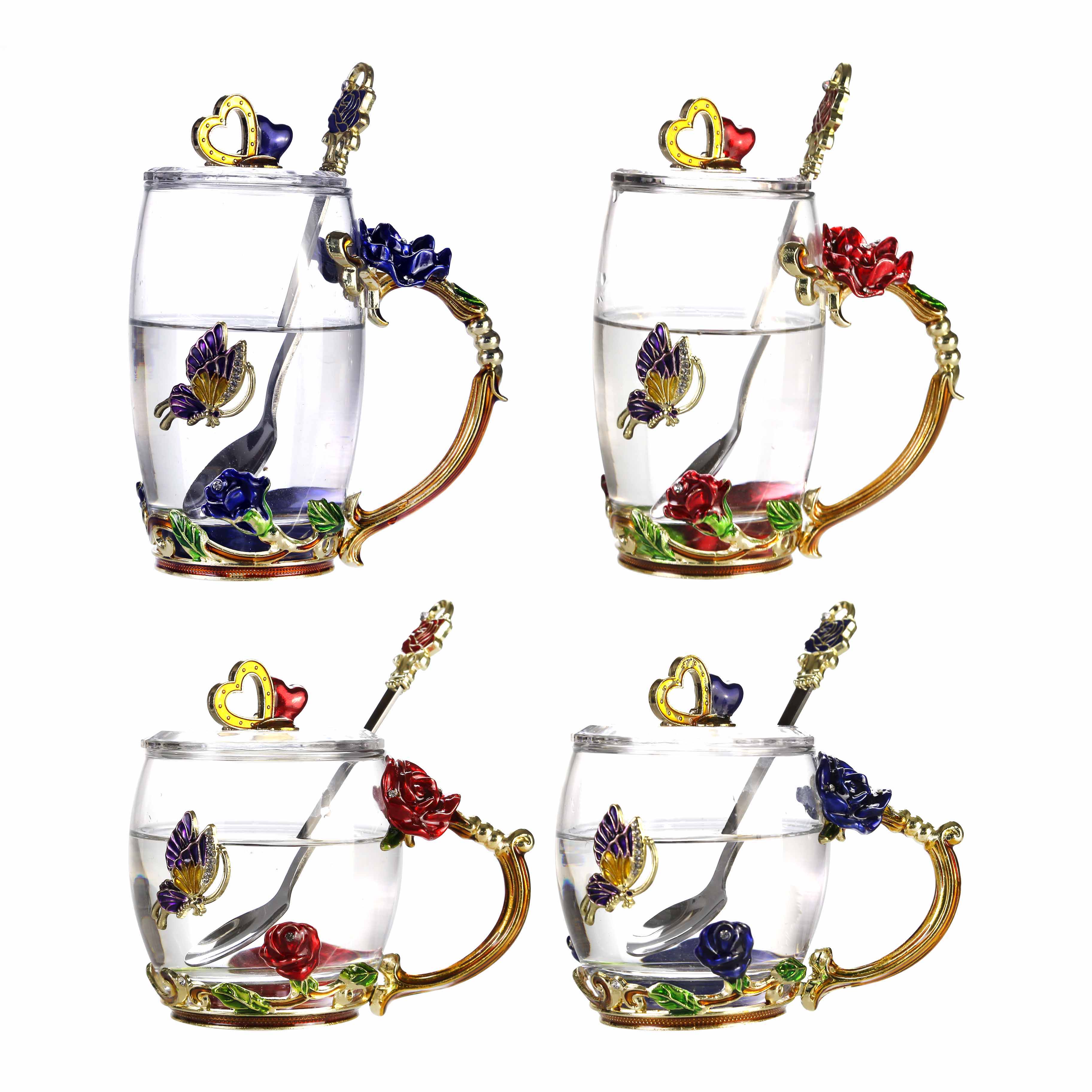 Wholesale Handmade Modern 320ml Nice Enamel Sunflower Crystal Lead-Free Glass Tea Cup with Spoon Set