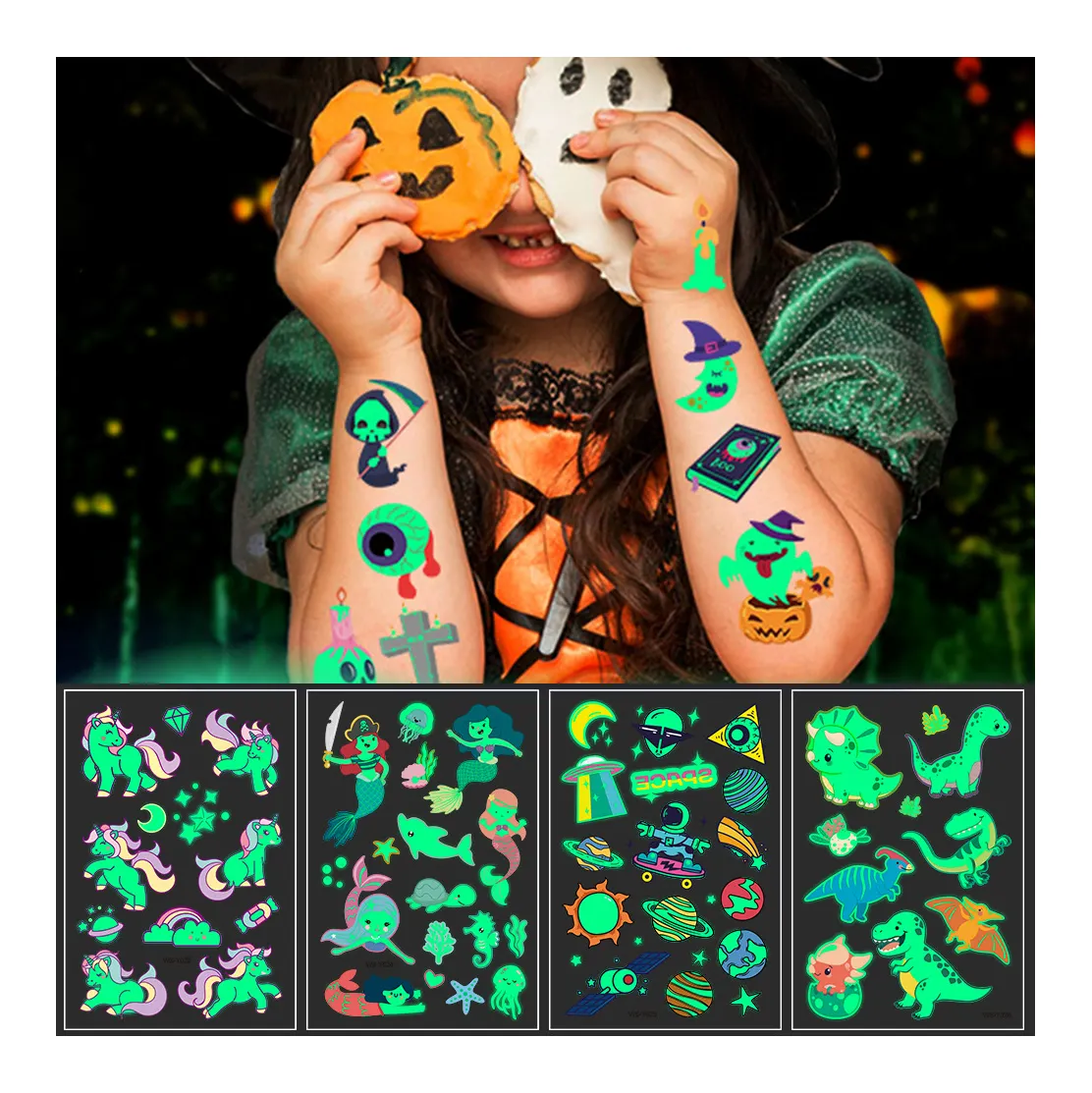 Hot Selling Non-toxic Luminous Tattoo Stickers Glow In Dark Waterproof Cartoon Temporary Tattoos For Kids Face Hand Body Arms