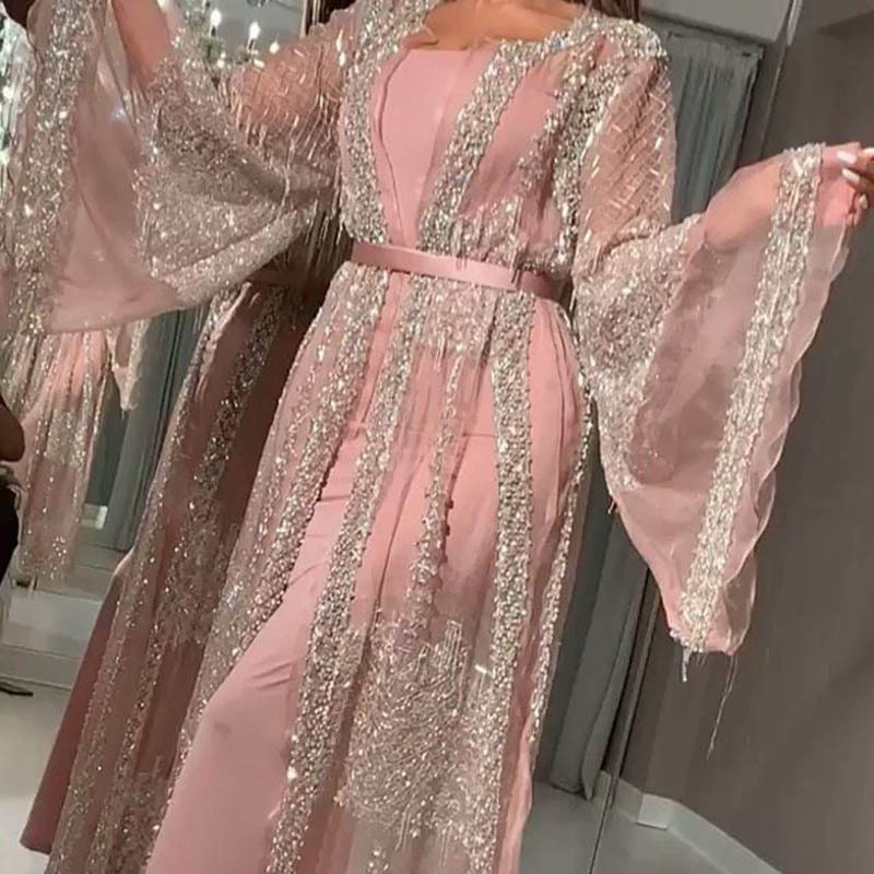 2021 Long Sleeve Sequin Mesh Party Ladies Printed Gown Evening Dresses With Sequined Evening Dresses