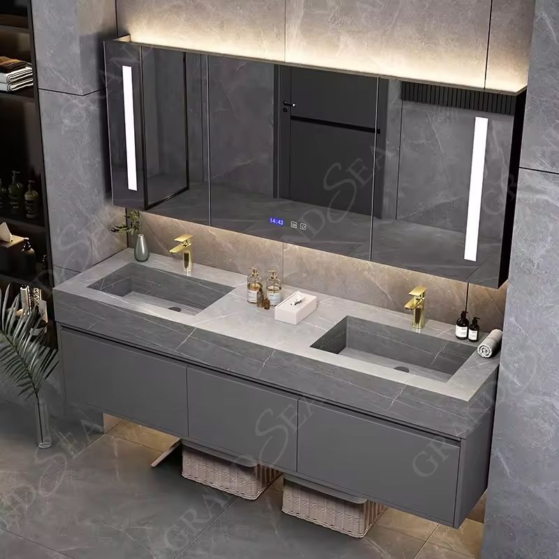 Ready Made Double Sink Bathroom Furniture With Light Vanities Luxury Bathroom Vanity Cabinet Modern