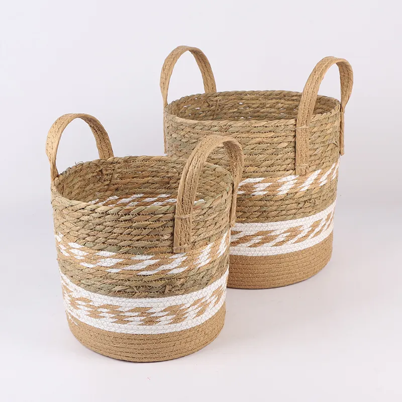 Handmade Woven Straw Basket Natural Laundry Storage Seagrass Baskets With Handle For Home Decor
