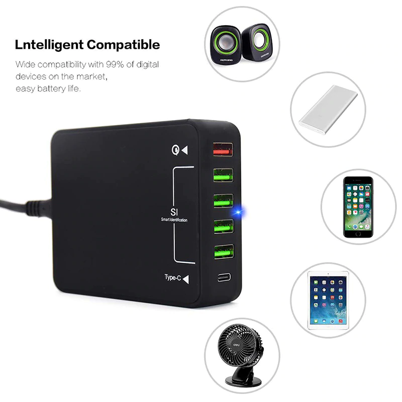 USB-зарядная станция DP US 6-Port 60 Вт Type-C, настенный зарядный концентратор, быстрая зарядка с Quick Charge 3,0 и Type C
