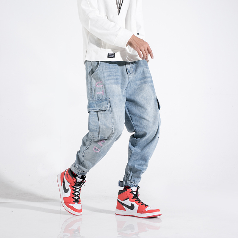 Custom vintage cargo jean men oversized embroidery streetwear multi pocket lightblue men trouser harem jogger fits jean men
