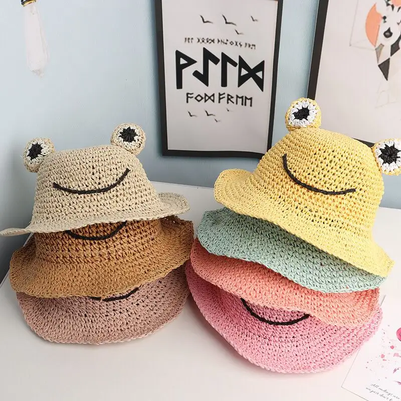 Children Pure Hand Hook Big Mouth Frog Boys And Girls Summer Sun Baby Straw Hat Beach Foldable Breathable Comfortable