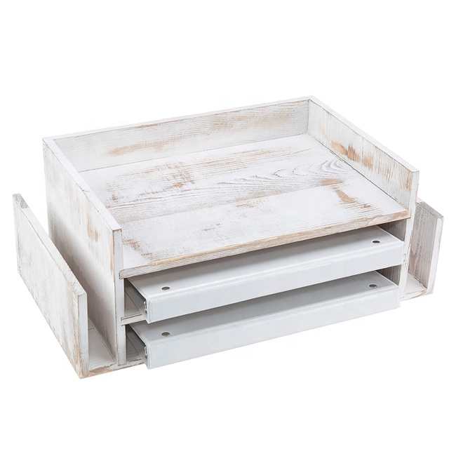 3-Tier Shabby Whitewashed Wood Office Desktop Document Tray & Mail Sorter