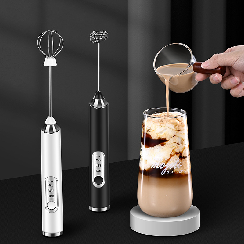 Обработаны перезаряжаемые вспениватель молока Кофе Frother Электрический молочный пенообразователь 3 скорости венчик Смеситель напитков с 2 нержавеющая венчик для взбивания